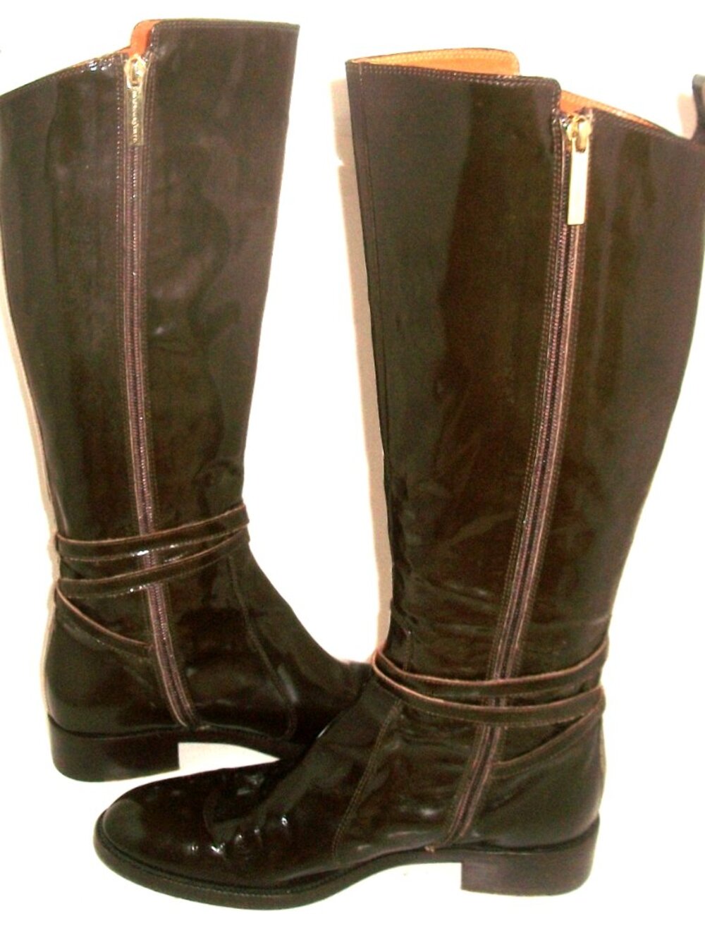 Fratelli Rosetti Chocolate-Patent Riding Boots w Burnt-Orange Lining 7.5M $1060